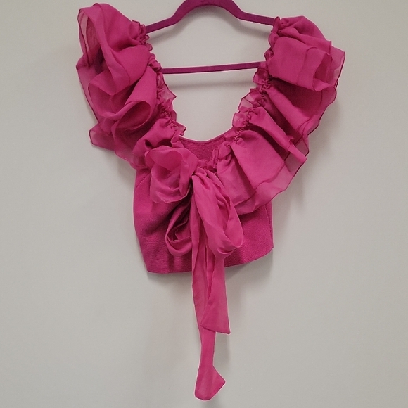 Pink Ruffle Sleeve Crop Top - Picture 2 of 8